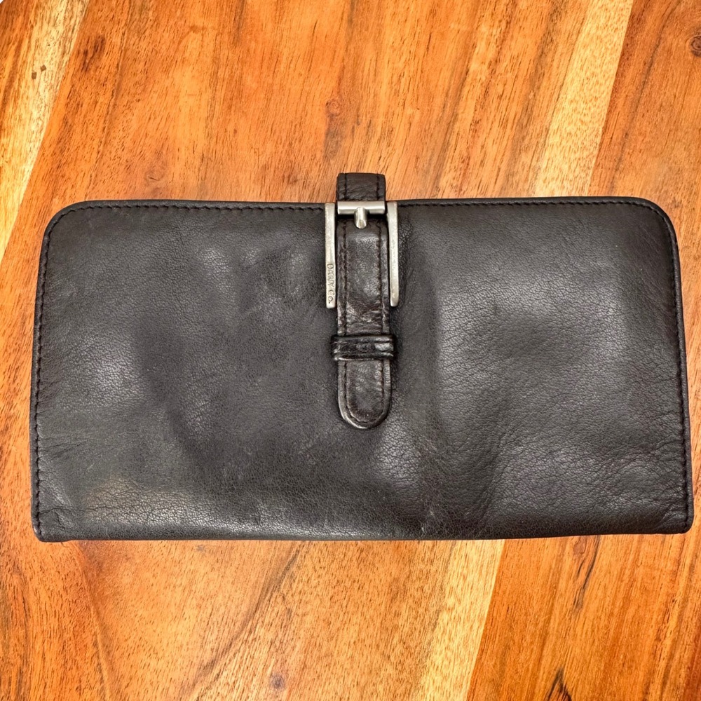 DKNY Dark Brown Pebbled Leather Buckle Strap Continental Bifold Wallet